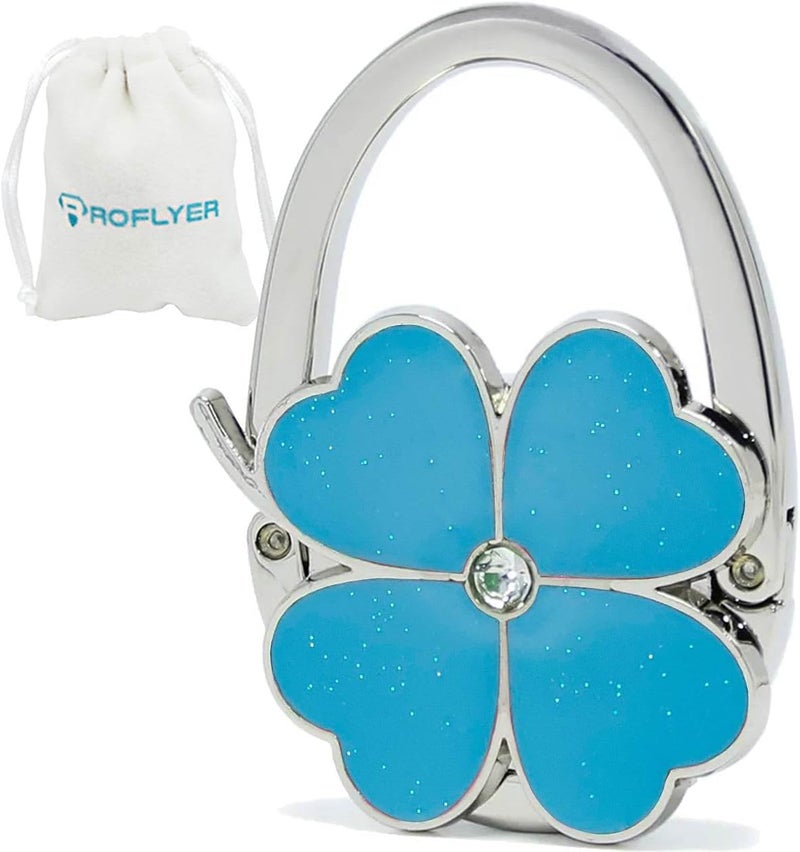 ROFLYER Four Leaf Clover Design Foldable Handbag Hanger Folding Purse Table Hook Holder (Blue) - Image 1